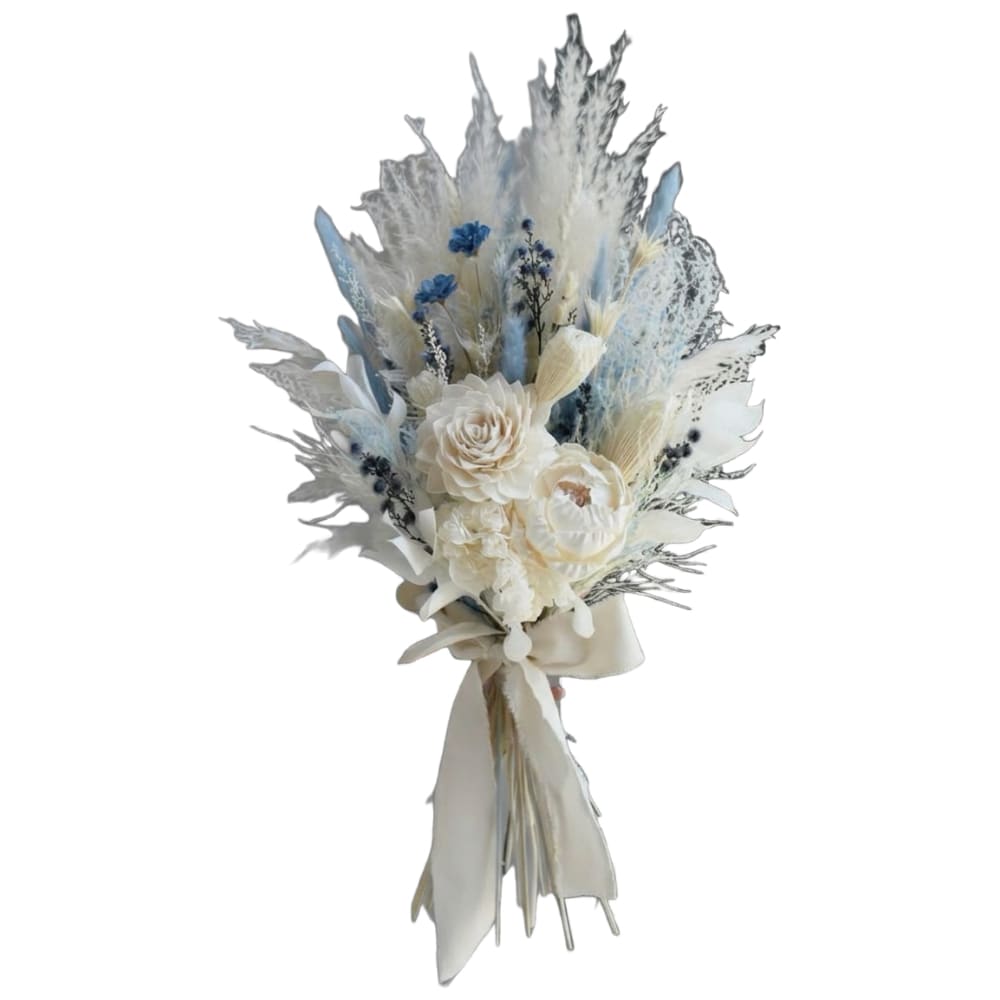 Ramo de novia de flores de madera crema y azul – Ecolandy