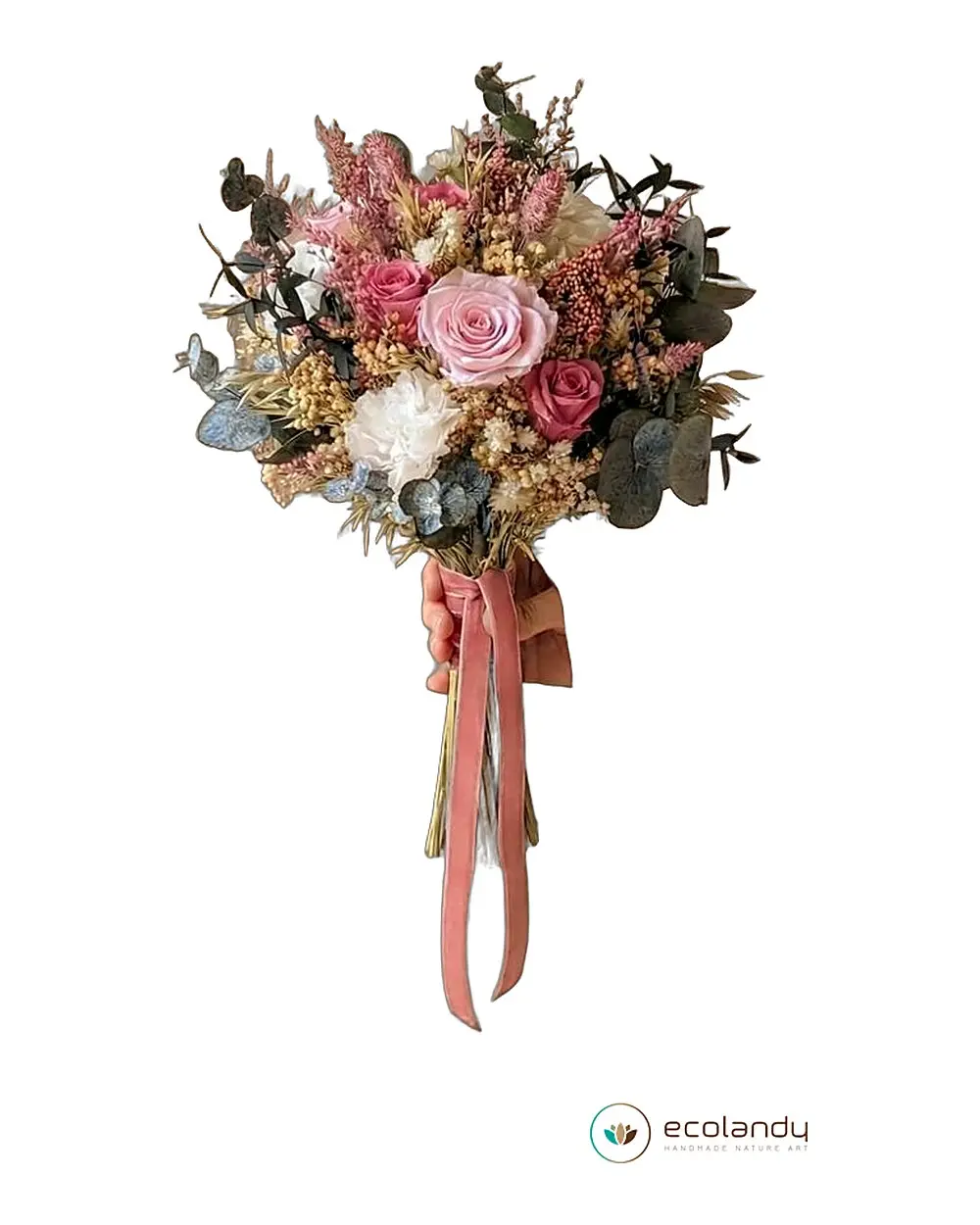Ramo de novia boho romántico con rosas preservadas – Ecolandy