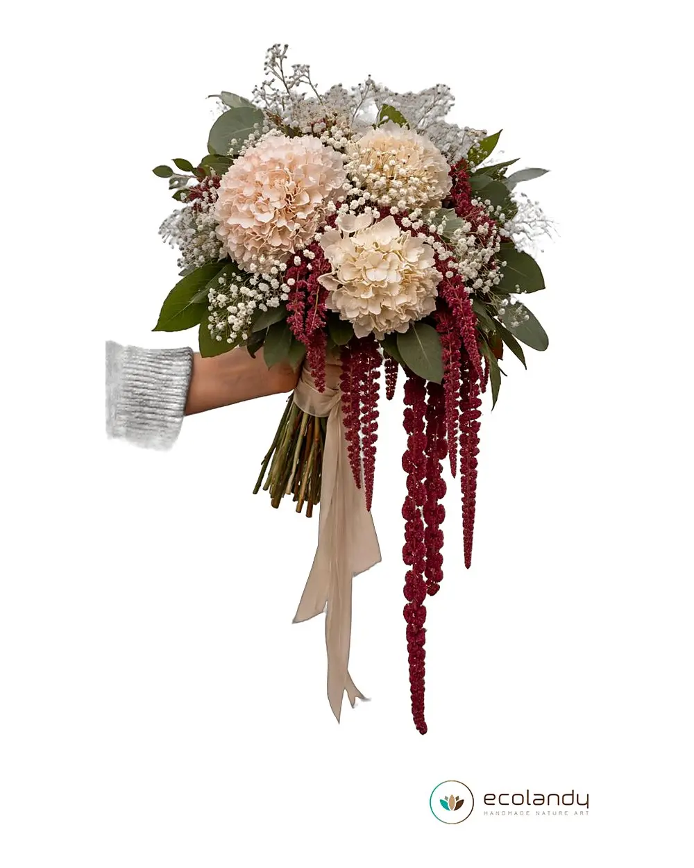 Ramo de novia en cascada con hortensias y amaranto colgante – Ecolandy