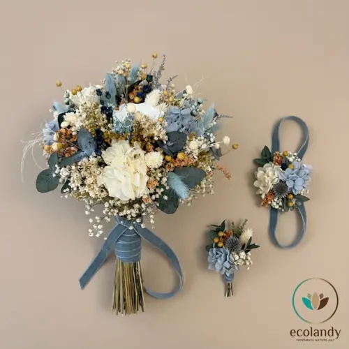 Ramo de novia azul con prendido y pulsera a juego – Ecolandy
