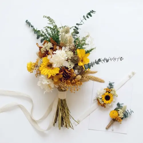 Ramo de novia amarillo con girasol y prendidos a juego – Ecolandy