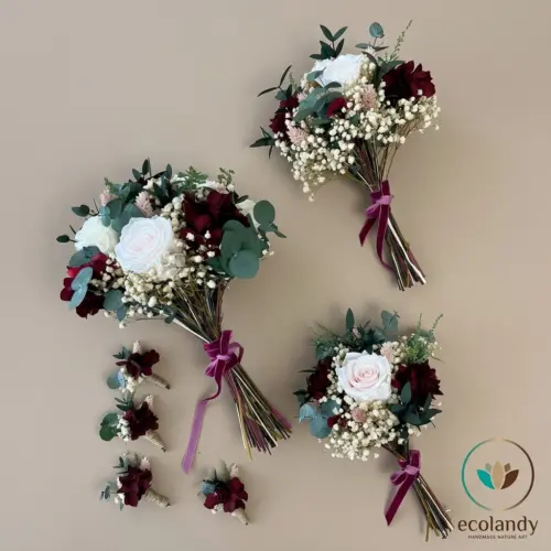 Conjunto de boda burdeos y blanco: ramo y prendidos – Ecolandy