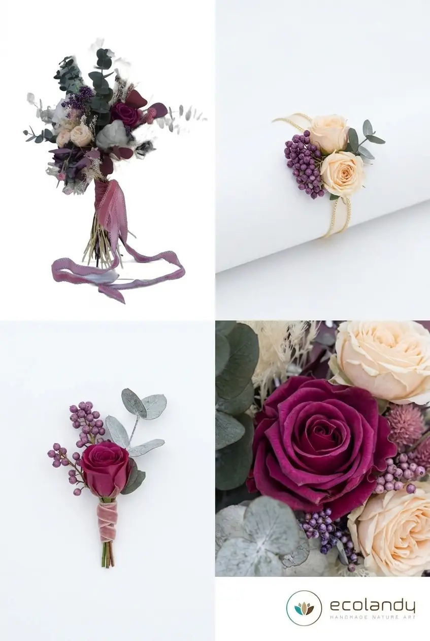 Detalles de ramo boho chic rosa burdeos con prendidos – Ecolandy