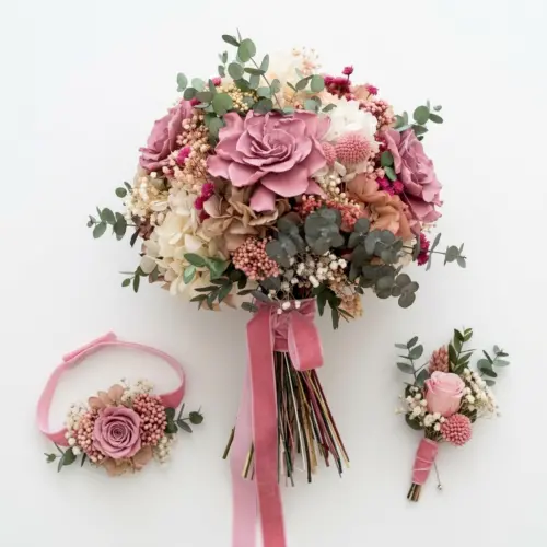 Ramo de novia rosa con pulsera y prendido a juego – Ecolandy
