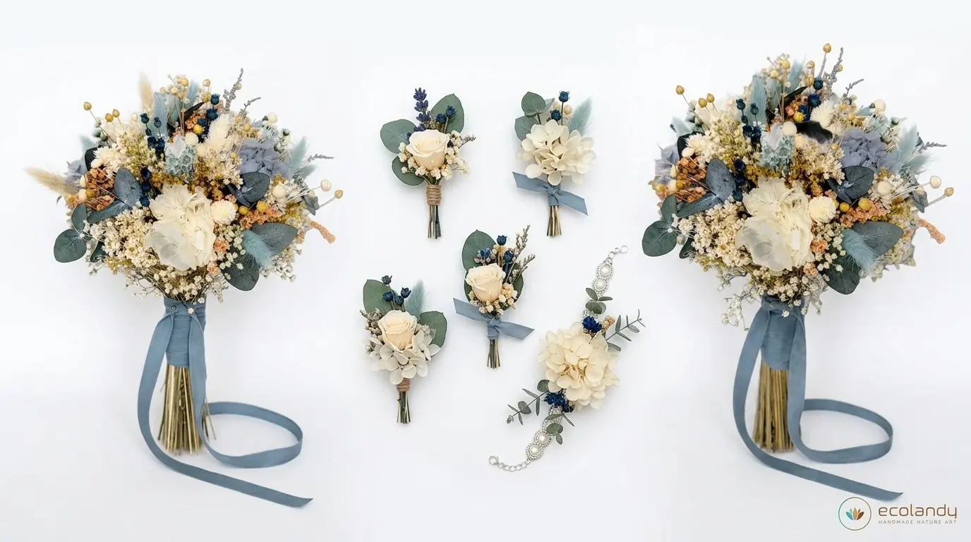 Prendidos y pulseras de flor preservada azul – Ecolandy