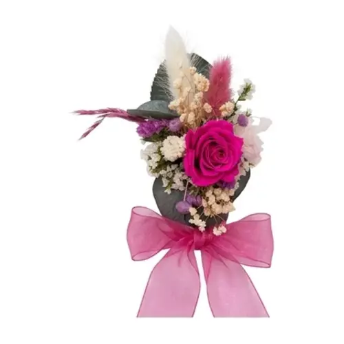 Pulsera de dama (corsage) en flor preservada fucsia con rosa, pampas y lazo de organza