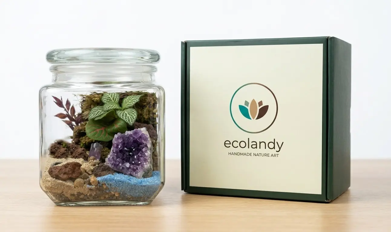 Terrario artesanal con amatista junto a su caja regalo Ecolandy