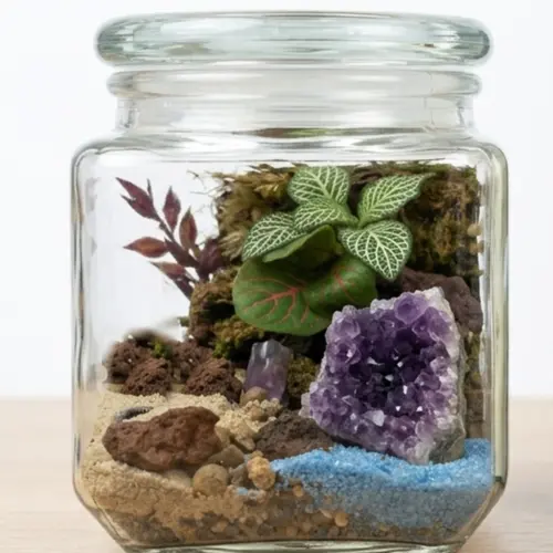 Terrario cerrado con fitonia, musgo y geoda de amatista natural